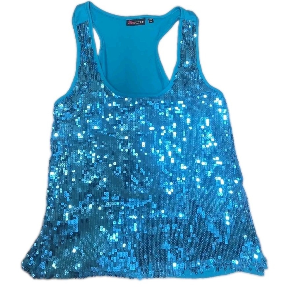 Ultra Flirt Tank Top Womens XL Blue Sequined Racerback Party Clubwear Festival